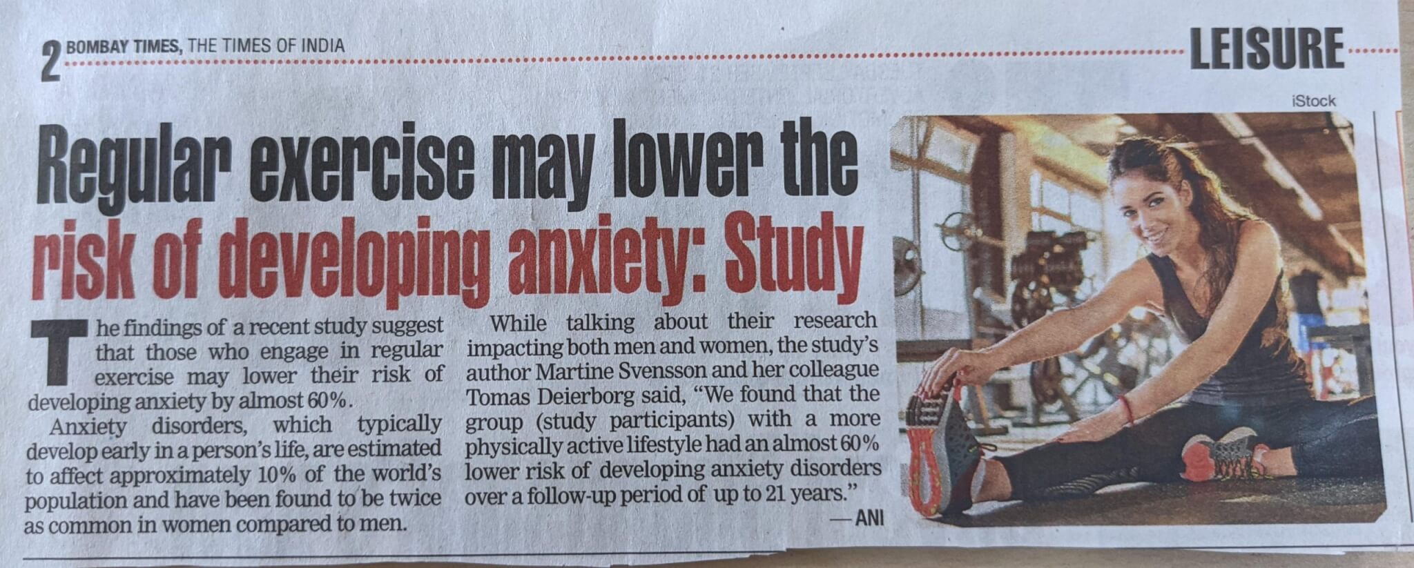 Regular Exercise may lower the risk of developing anxiety